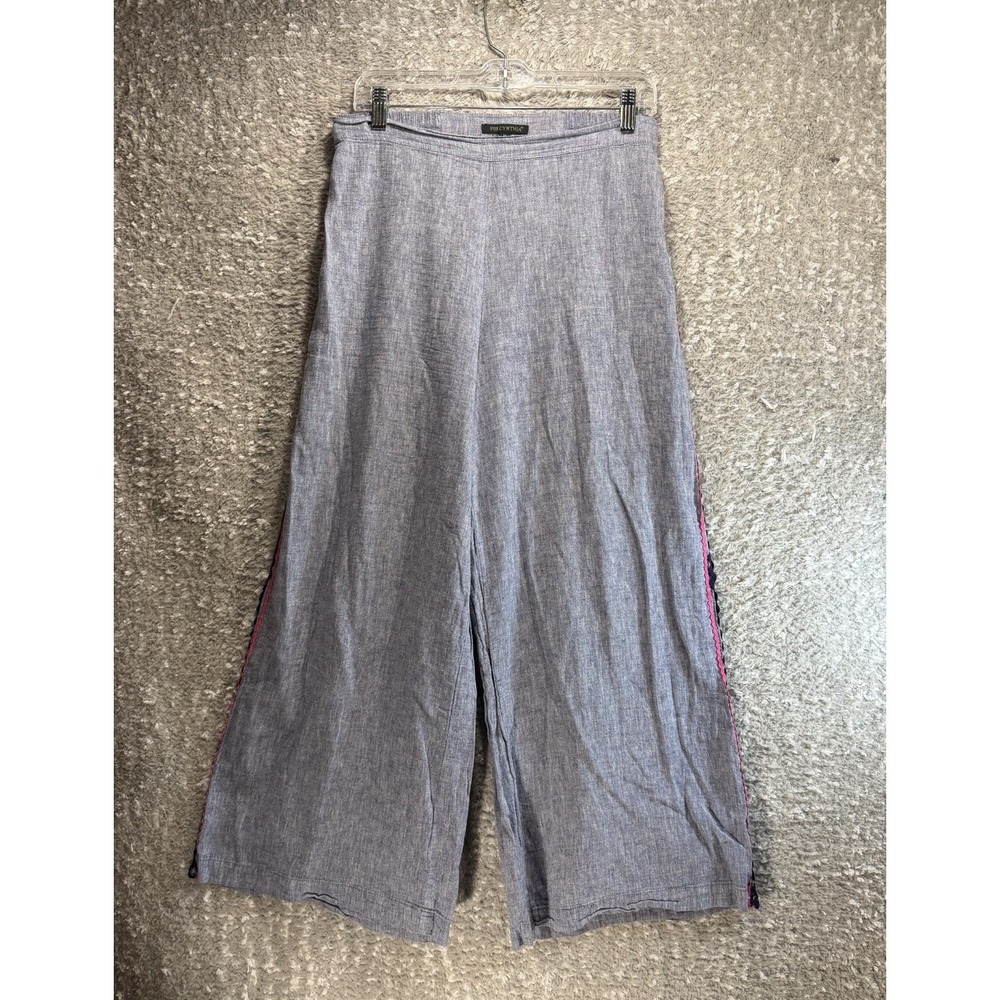 For Cynthia Crop Wide Leg Linen Pants Side Zip M Gray Coastal Resort Ribbon